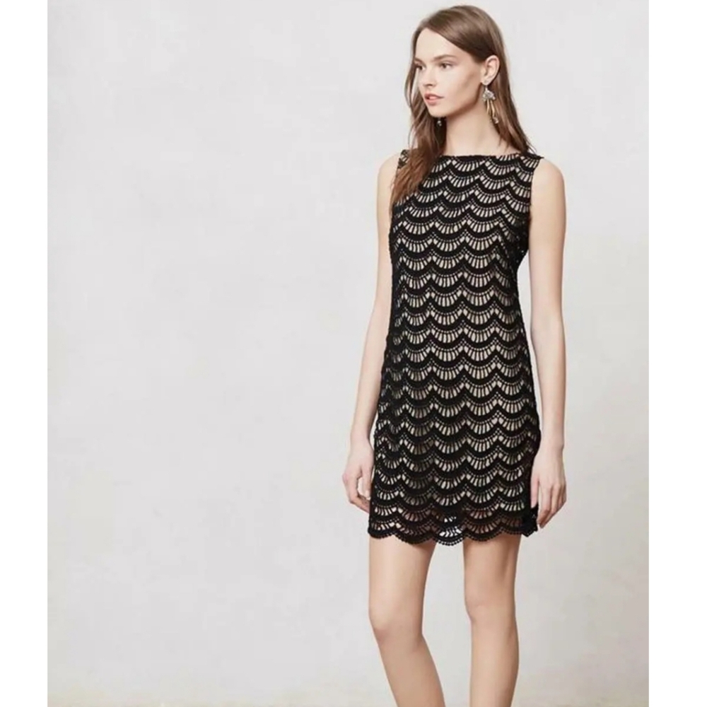 Anthropologie Tabitha Black Lace Overlay Mini Dress Size 4 Color Black/Nude NWT